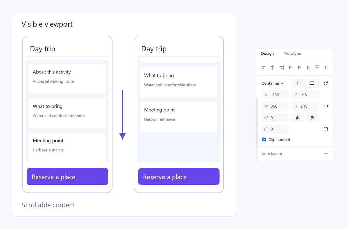 Two positions of a booking-page viewport beside the native Clip content control in Pixso