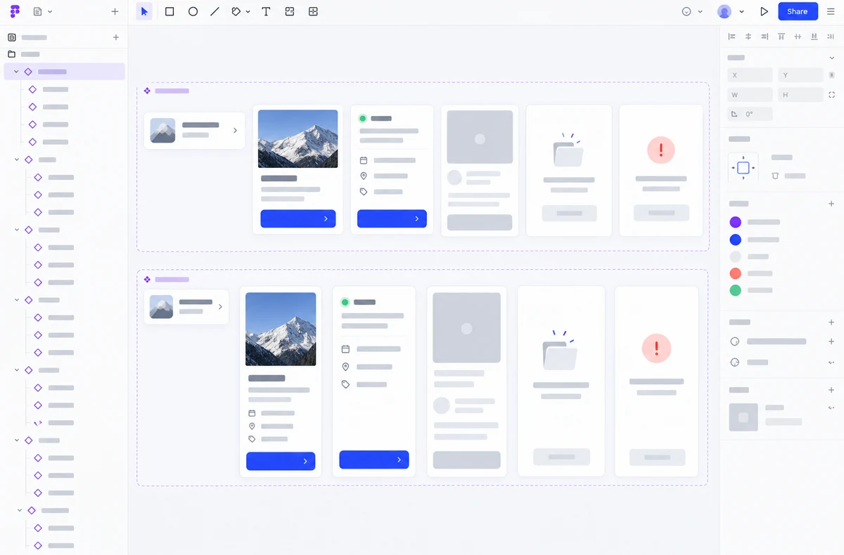 Pixso workspace showing card component variants for desktop, mobile, loading and empty states