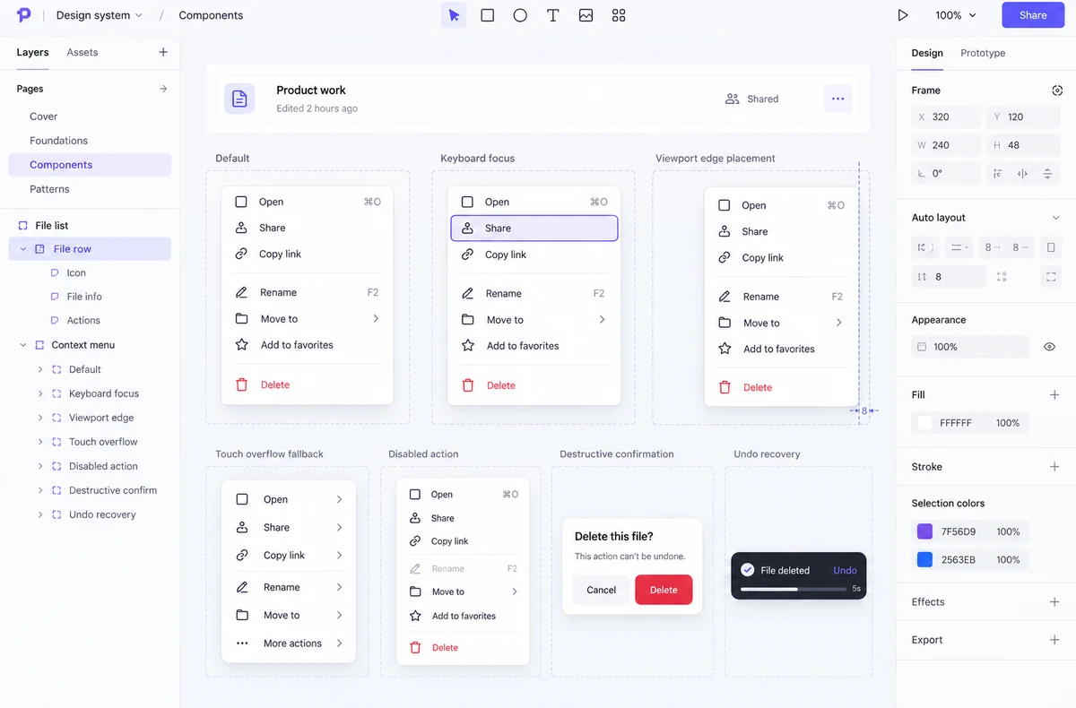 Pixso UI design workspace showing context-menu states for keyboard focus, touch overflow, edge placement, and recovery