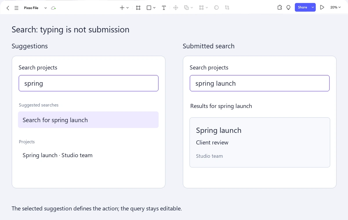 A project-library search design in Pixso comparing query suggestions with submitted search results