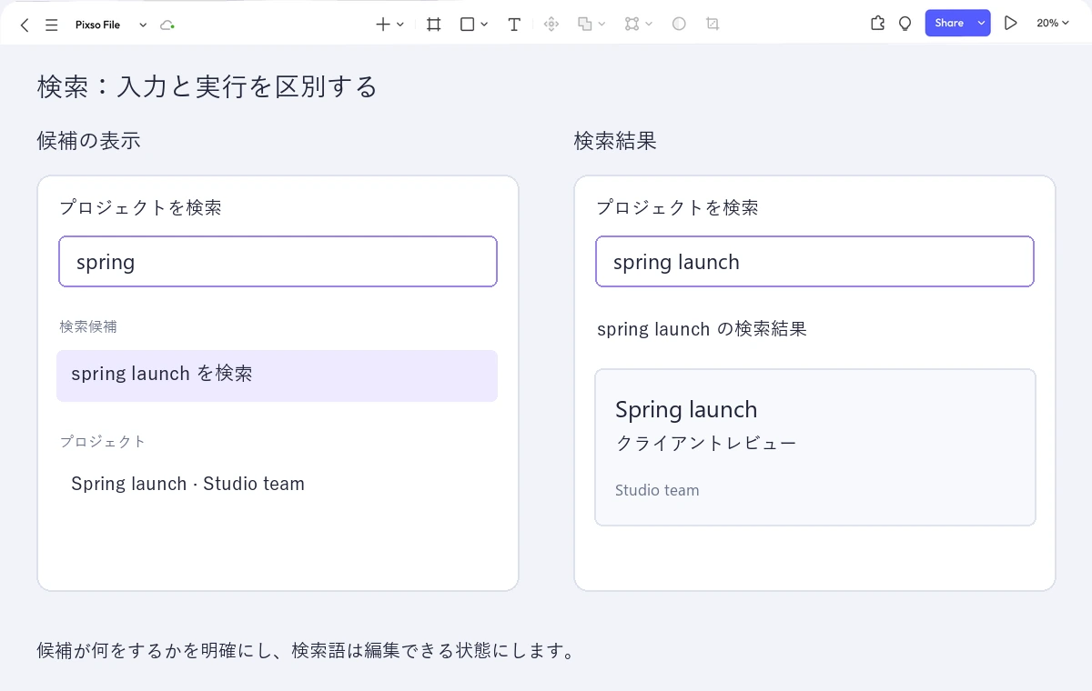 Pixso上のプロジェクト検索。springの候補表示とspring launchの検索結果を並べ、Studio teamのプロジェクトへ進む違いを示した画面