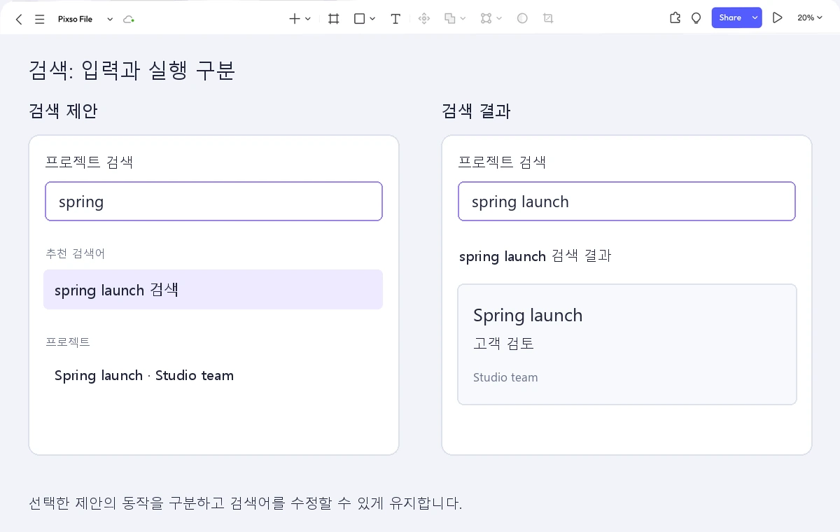 Pixso에서 spring의 추천 검색어와 Studio team의 Spring launch 프로젝트, spring launch를 제출한 결과 화면을 비교