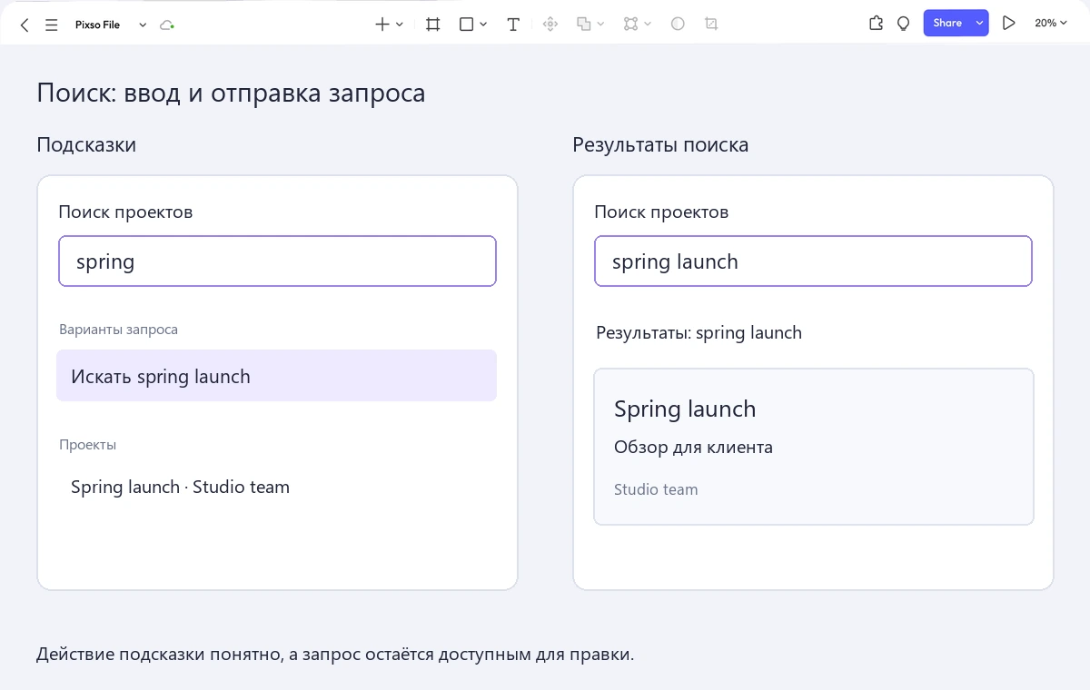 Макет поиска в библиотеке проектов на холсте Pixso: подсказки для spring и результаты отправленного запроса spring launch