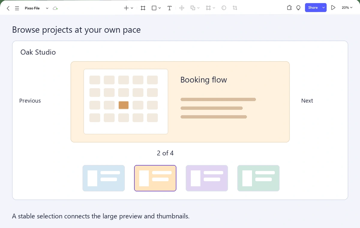 Pixso editor showing Oak Studio's Booking flow gallery with Previous, Next, a 2 of 4 position label and four thumbnails