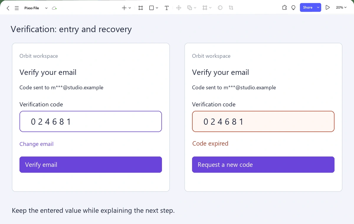 Pixso editor comparing a fictional workspace code-entry screen with an expired-code recovery screen