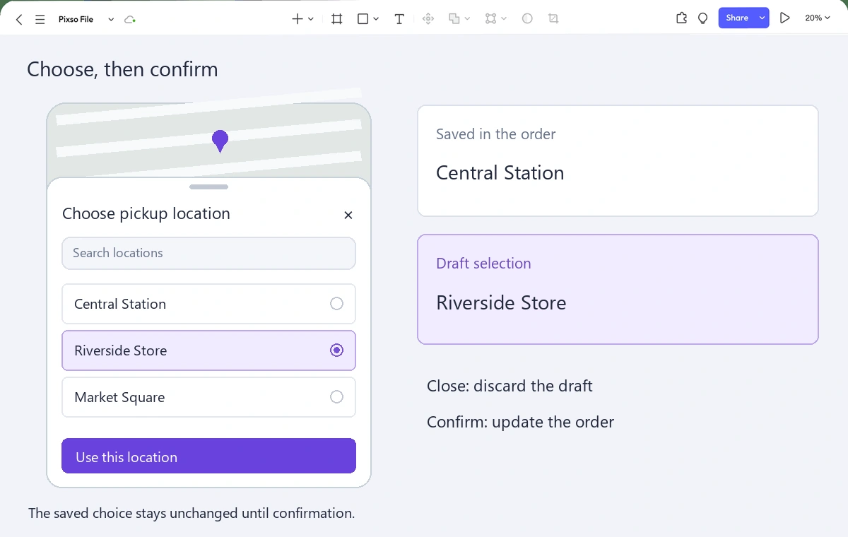 Pixso editor showing a pickup-location bottom sheet with Riverside selected and a note that Central Station remains saved until confirmation