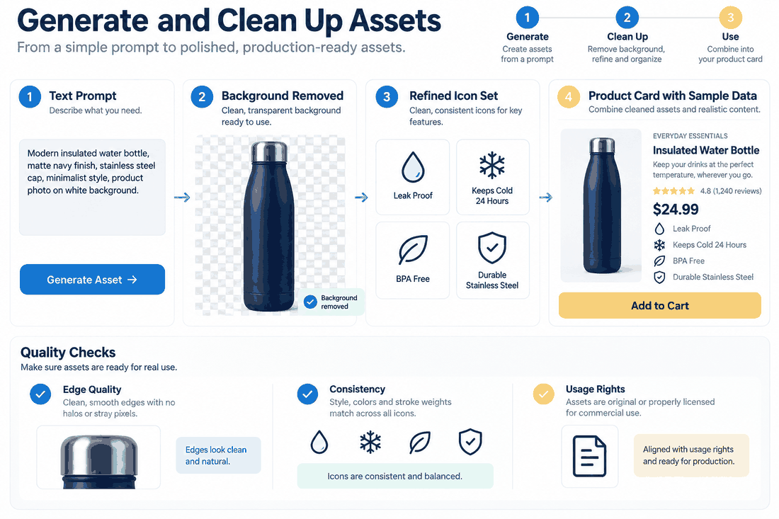 Asset workflow showing a prompt becoming a background-removed product image, refined icons and realistic sample data with quality checks.