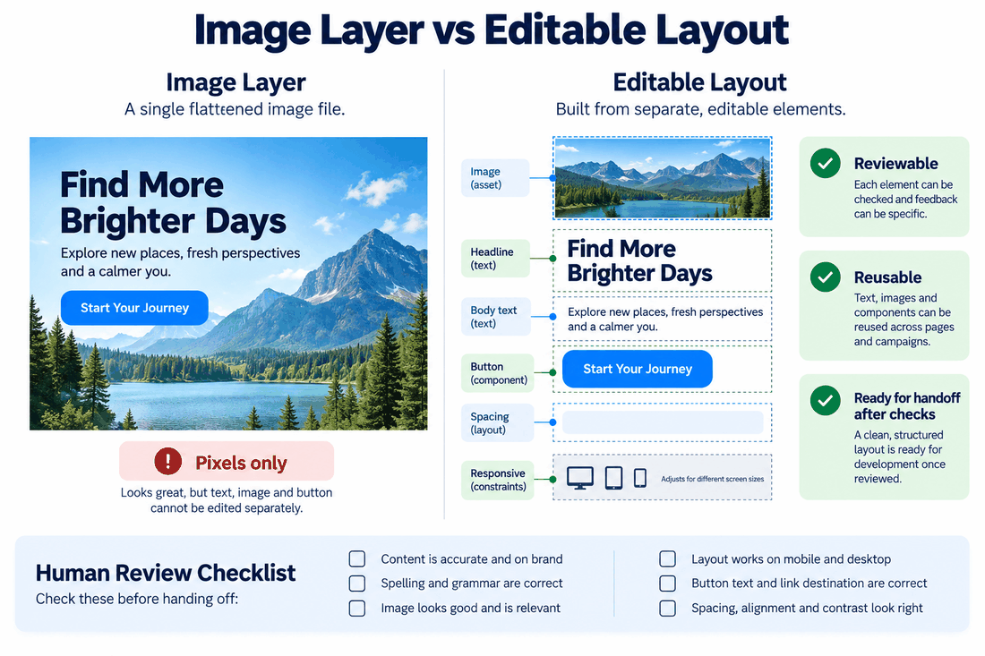 Comparison between one flattened promotional image and an editable layout with separate image, headline, body text, button, spacing and responsive constraint layers.