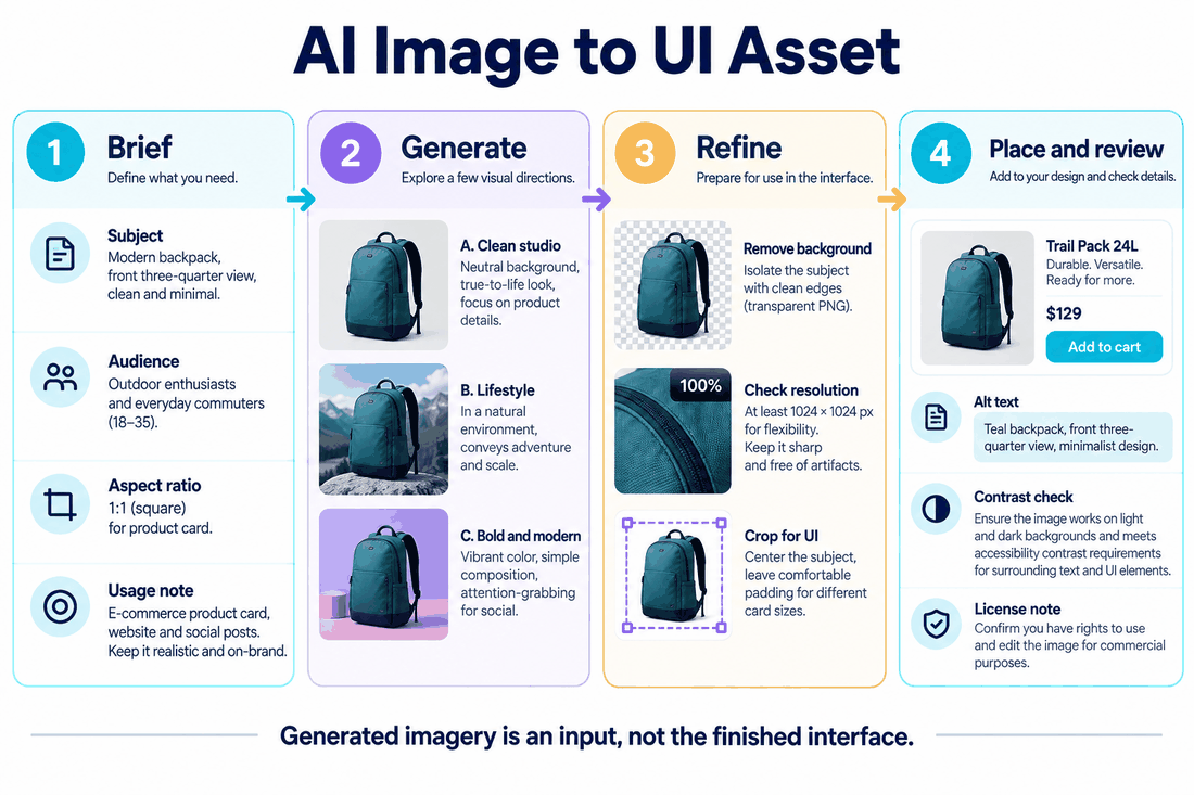 AI image to UI asset workflow moving from a brief and visual directions through background removal, resolution and crop checks to an editable product card with alt text and rights review.