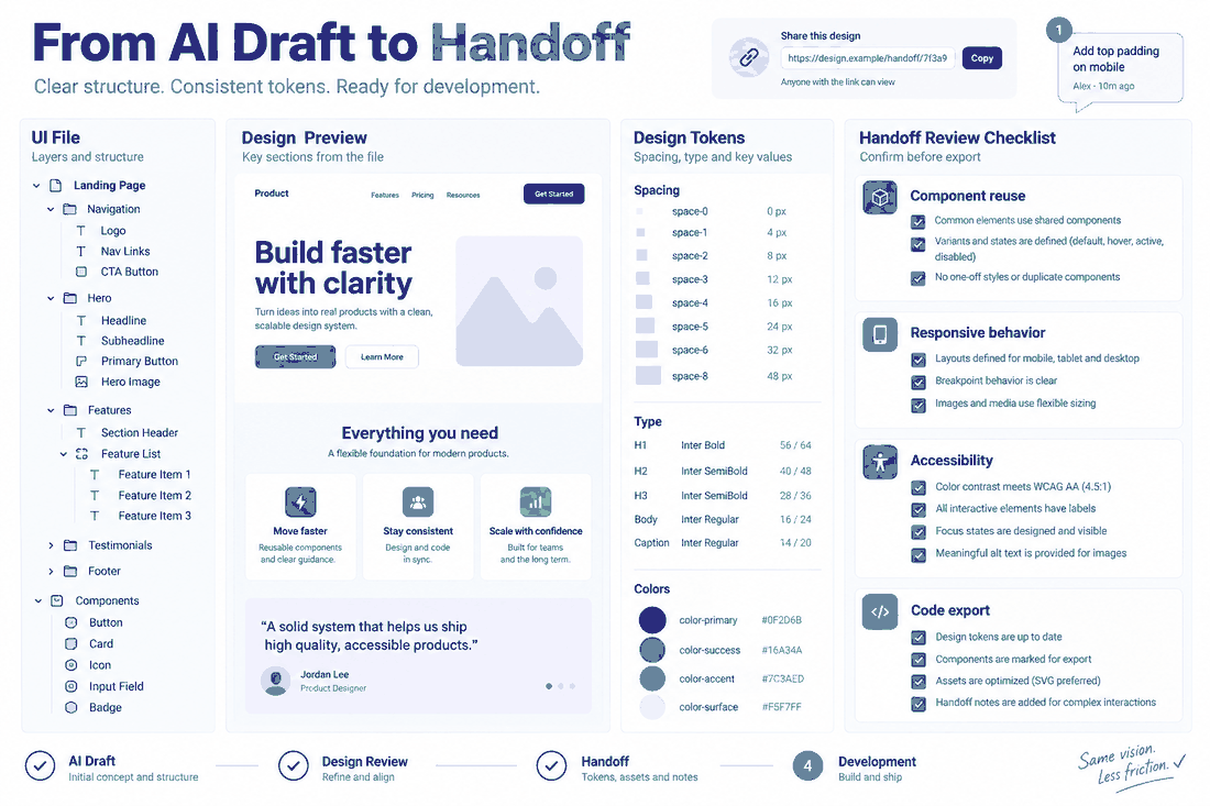 Developer handoff board showing named UI layers, design tokens and checks for components, responsiveness, accessibility and code export.