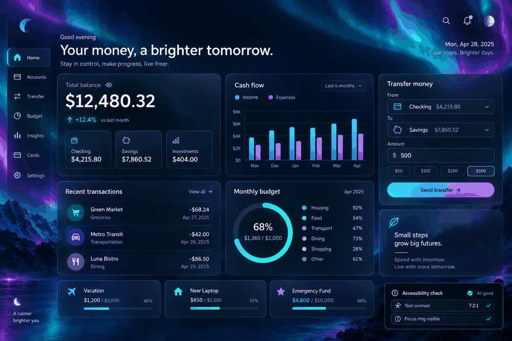 Aurora-themed finance dashboard using dark glass panels, high-contrast typography, clear charts, visible focus treatment, and restrained cyan and violet accents.