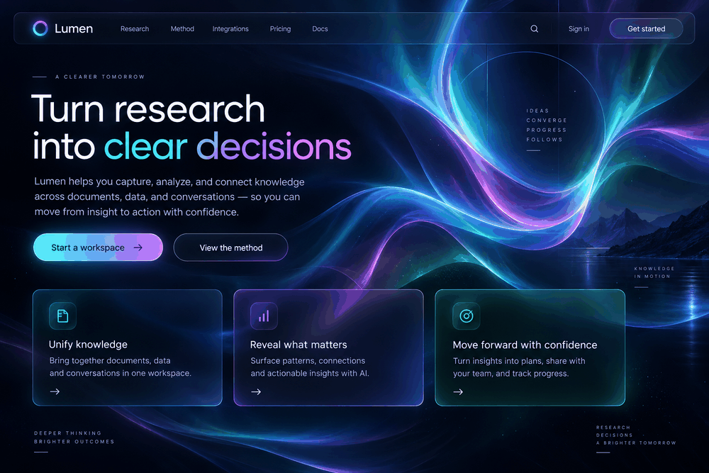 Aurora-style research product landing page with cyan, violet, and emerald light ribbons, glass panels, readable navigation, and clear calls to action.