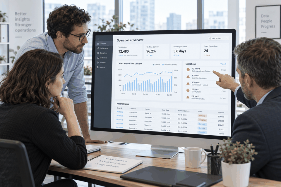 Product designer, data analyst, and operations manager reviewing KPI trends, exceptions, and order details on a B2B operations dashboard.