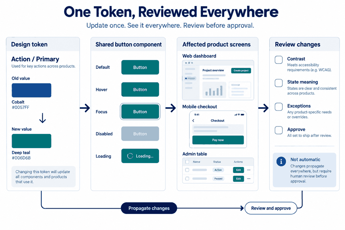 Design token change propagating to shared button states and three product screens, followed by checks for contrast, state meaning, exceptions, and approval.