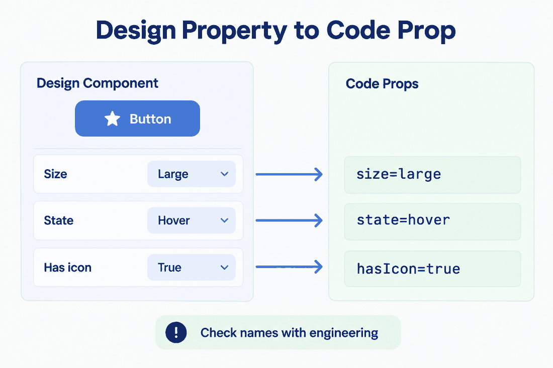 Design-to-code property map connecting Pixso component properties for size, state and icon visibility to matching frontend props.