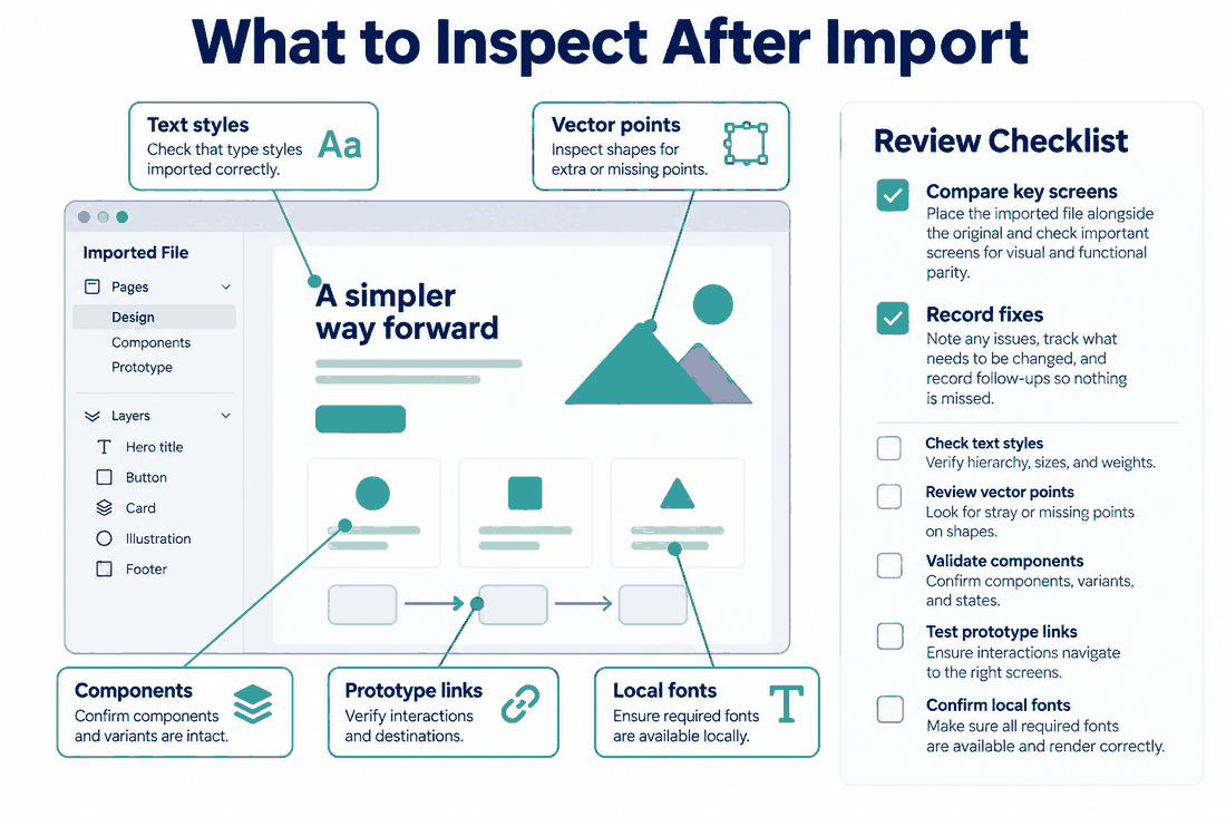 Imported design file with callouts for text styles, vector points, components, prototype links and local fonts, beside a review checklist.