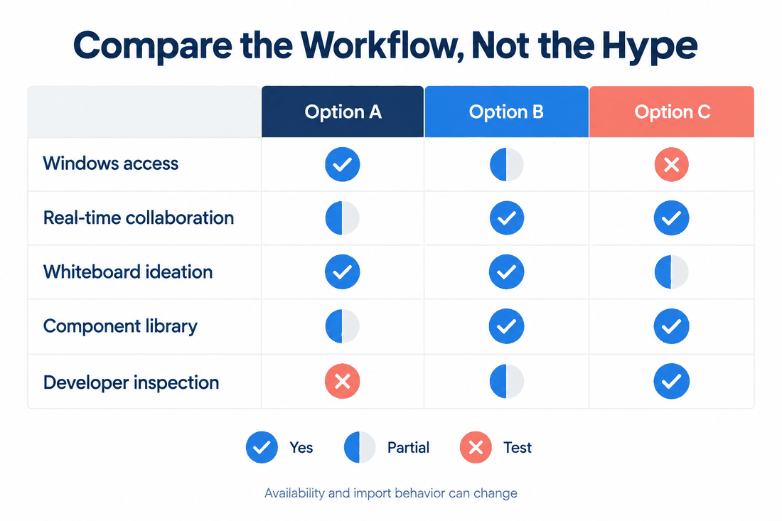 Neutral design-tool comparison chart covering Windows access, collaboration, whiteboard ideation, component libraries and developer inspection.