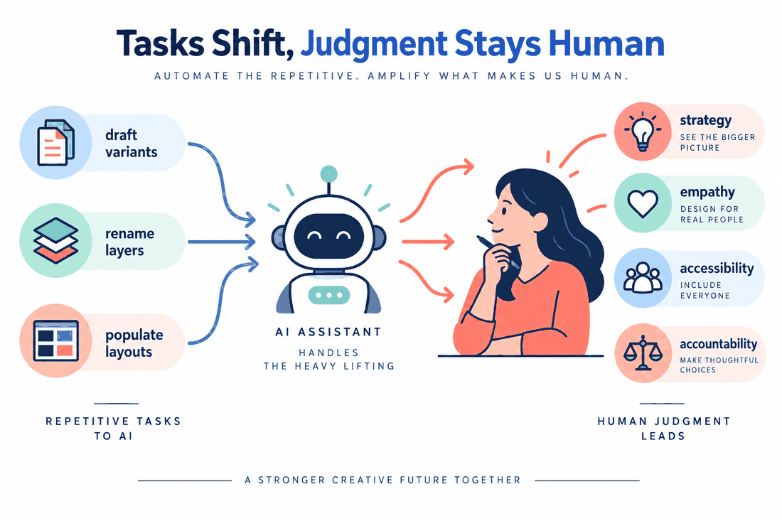 Work shift map showing repetitive UI production tasks moving to AI assistance while strategy, judgment and accountability remain with designers.