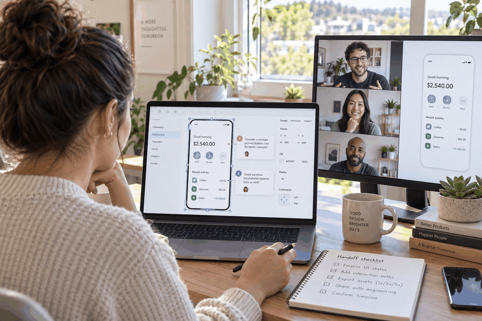 Designer reviewing an editable mobile interface in a browser while three remote teammates discuss the same screen and leave contextual comments.