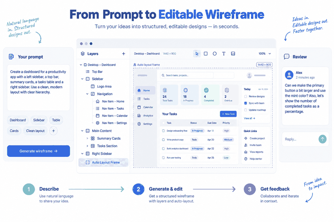 Editable UI generation canvas showing a natural-language prompt, wireframe layers, auto layout structure and a review-ready screen.