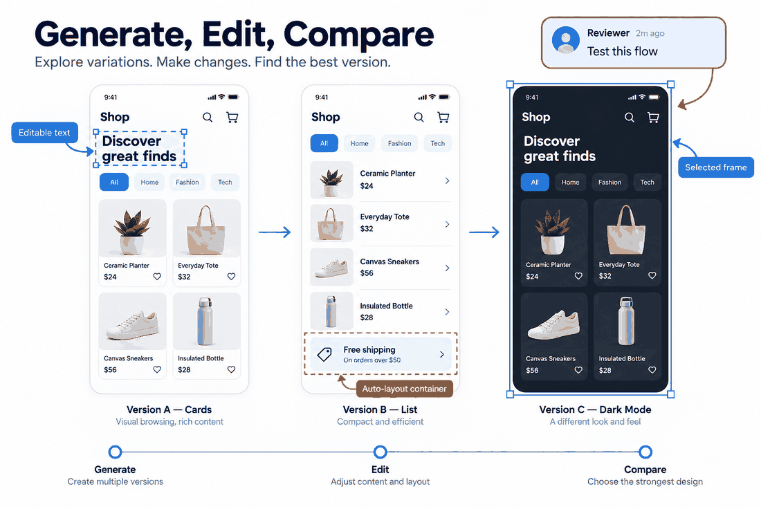 Three editable mobile shopping screen iterations comparing card, list and dark-mode treatments with named layers and a review comment.