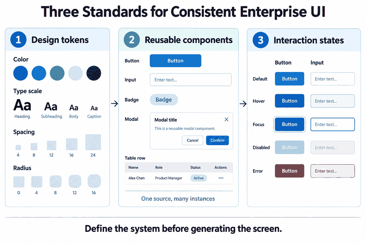 Three-part enterprise UI system showing design tokens, reusable components, and consistent default, hover, focus, disabled, and error states.