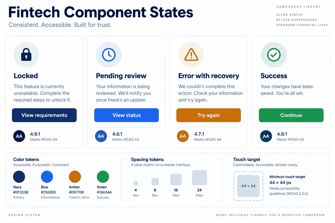 Fintech design-system board showing locked, pending, error with recovery and success component states with actions and accessibility tokens.