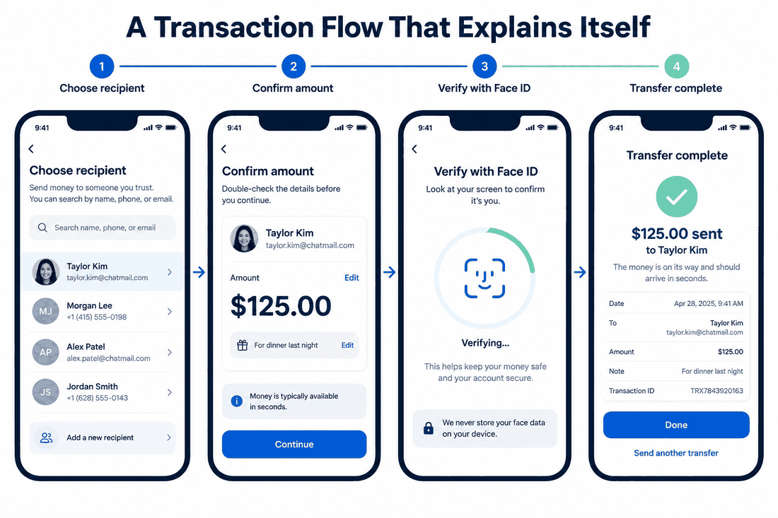 Four fictional fintech screens showing recipient selection, amount confirmation, biometric verification and a completed transfer receipt.