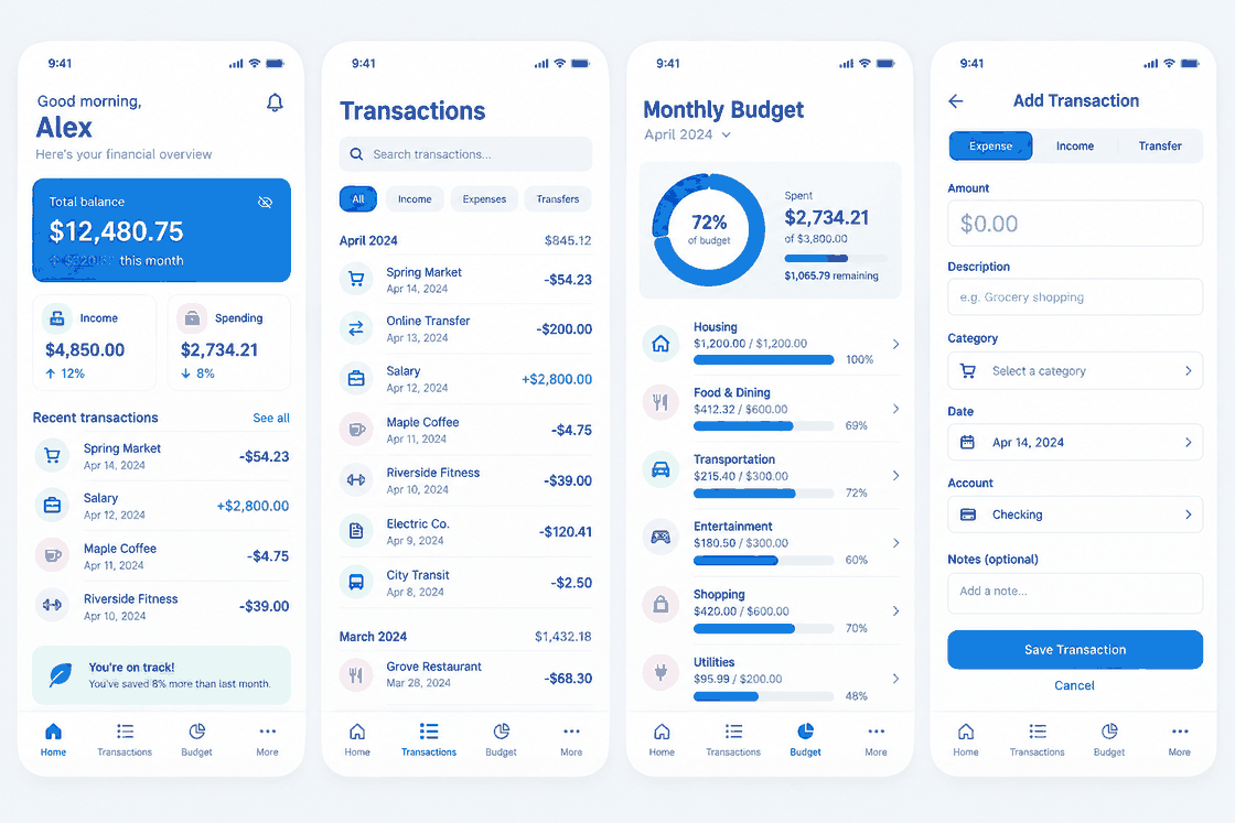 Four-screen mobile finance UI example showing a dashboard, transactions list, monthly budget, and add-transaction form.