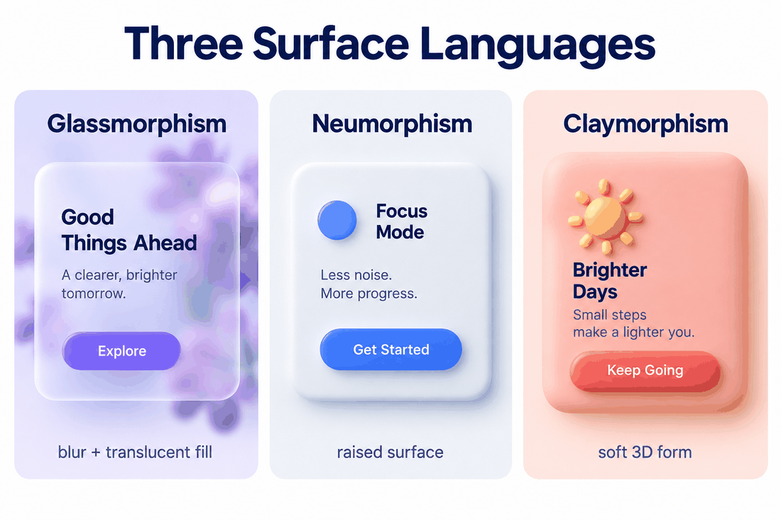 Comparison board showing glassmorphism transparency, neumorphism soft dual shadows and claymorphism inflated depth on fictional UI cards.