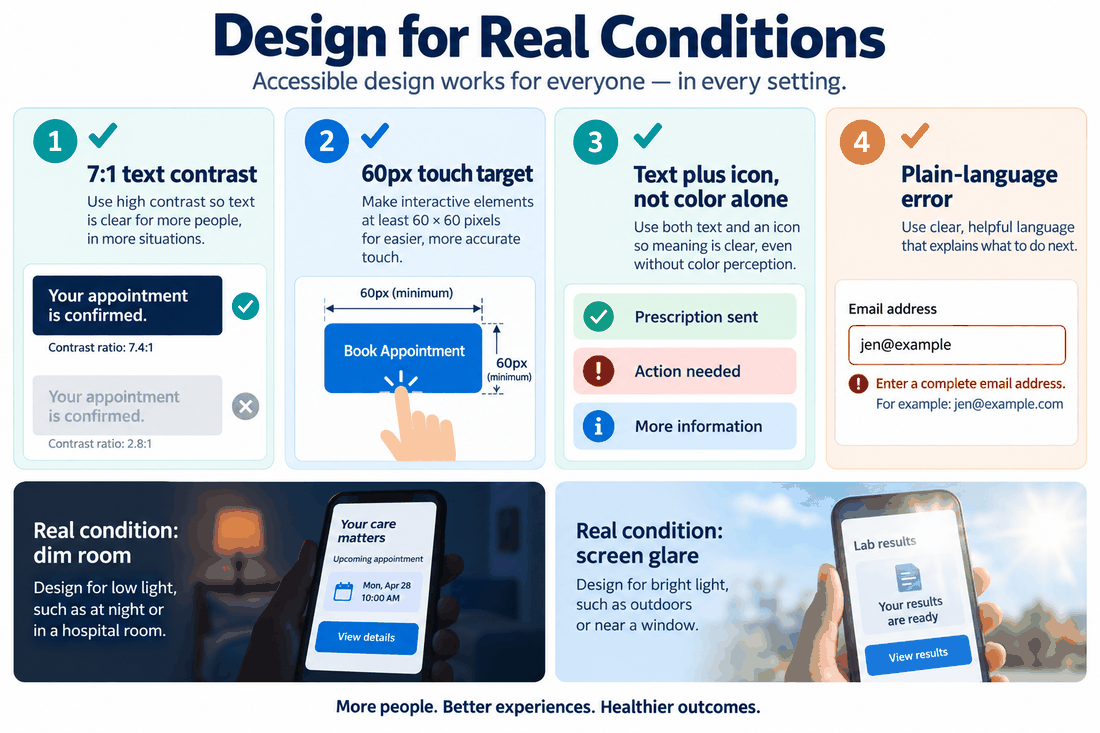 Healthcare accessibility board checking text contrast, touch target size, non-color cues and plain-language errors in realistic viewing conditions.