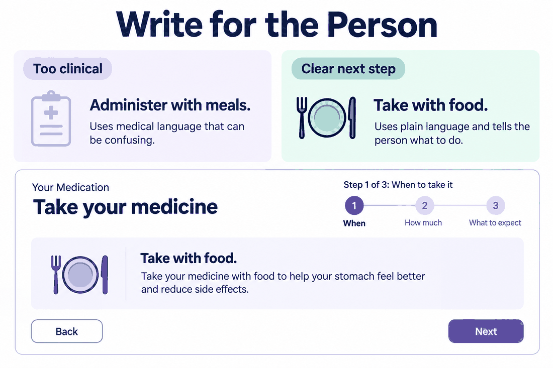 Plain-language healthcare content comparison replacing a clinical phrase with a clear next step and showing one task per screen.