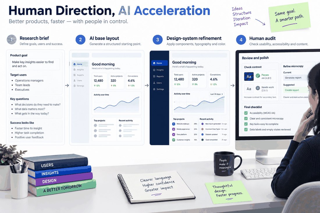 Human and AI workflow for a dashboard redesign showing research, AI-generated base, design-system refinement and human quality audit.