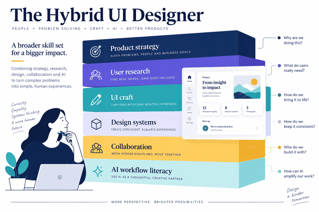 Hybrid UI designer skill stack combining product strategy, user research, visual systems, collaboration and AI workflow literacy.