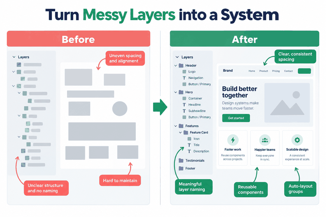 Before-and-after comparison of unnamed layers and uneven spacing versus named layers, auto-layout groups, shared styles and aligned cards.