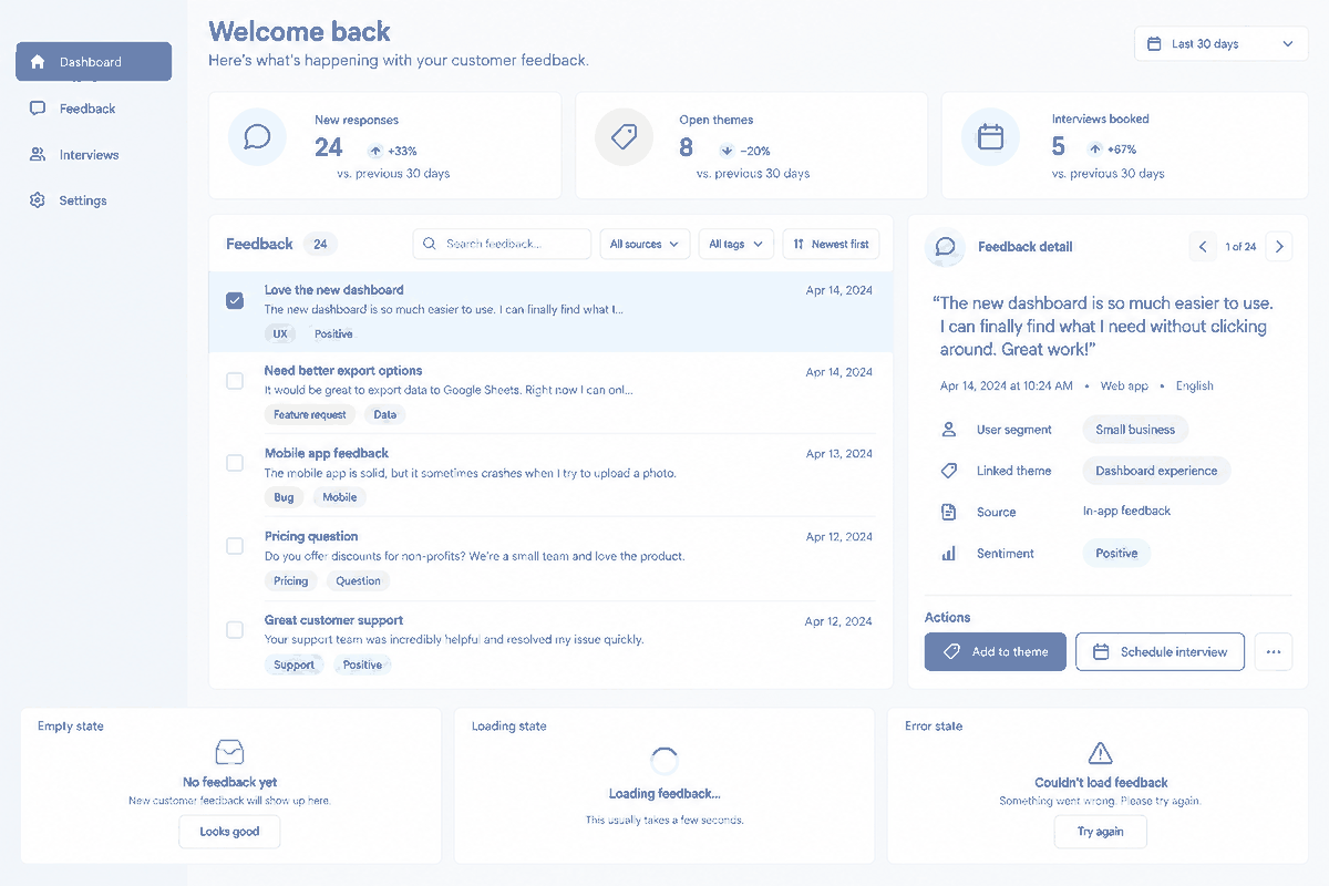 Desktop customer-feedback dashboard example with response metrics, a searchable feedback list, a detail panel, and empty, loading, and error states.