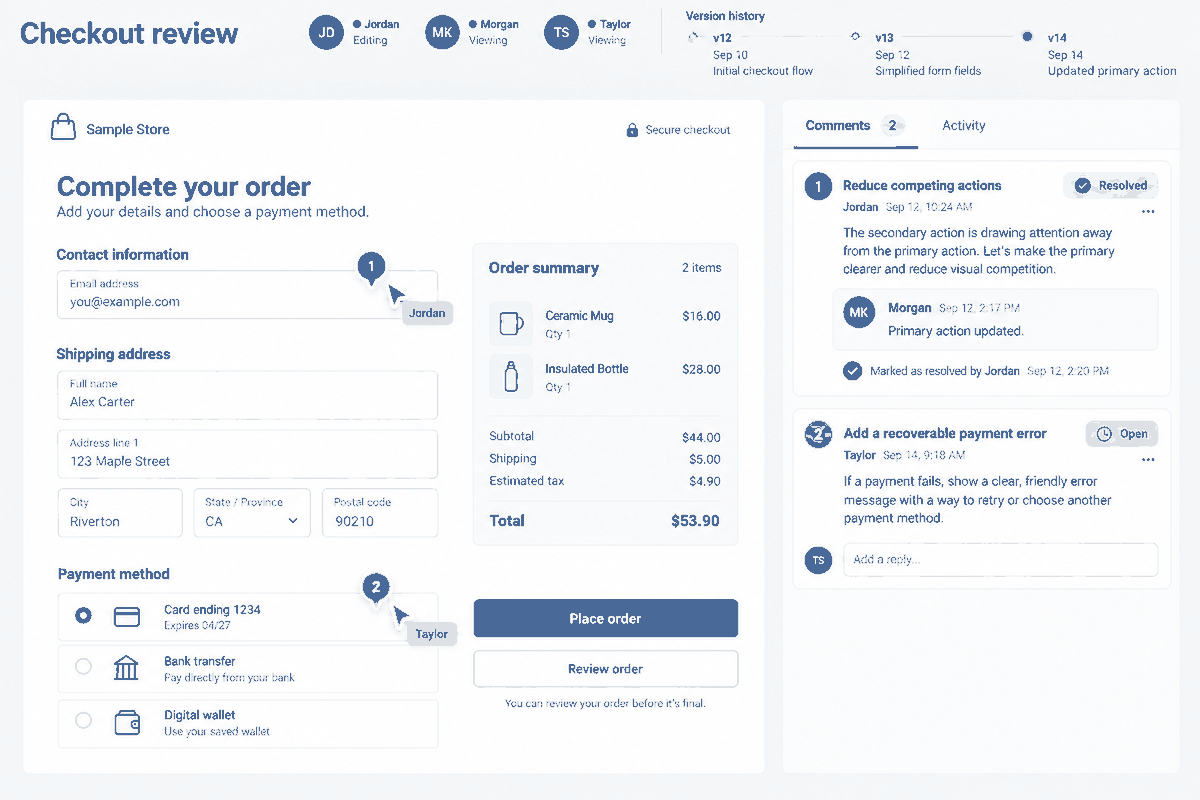 Checkout design review with three collaborators, version history, numbered comment pins, one resolved hierarchy issue, and one open recoverable-payment-error issue.