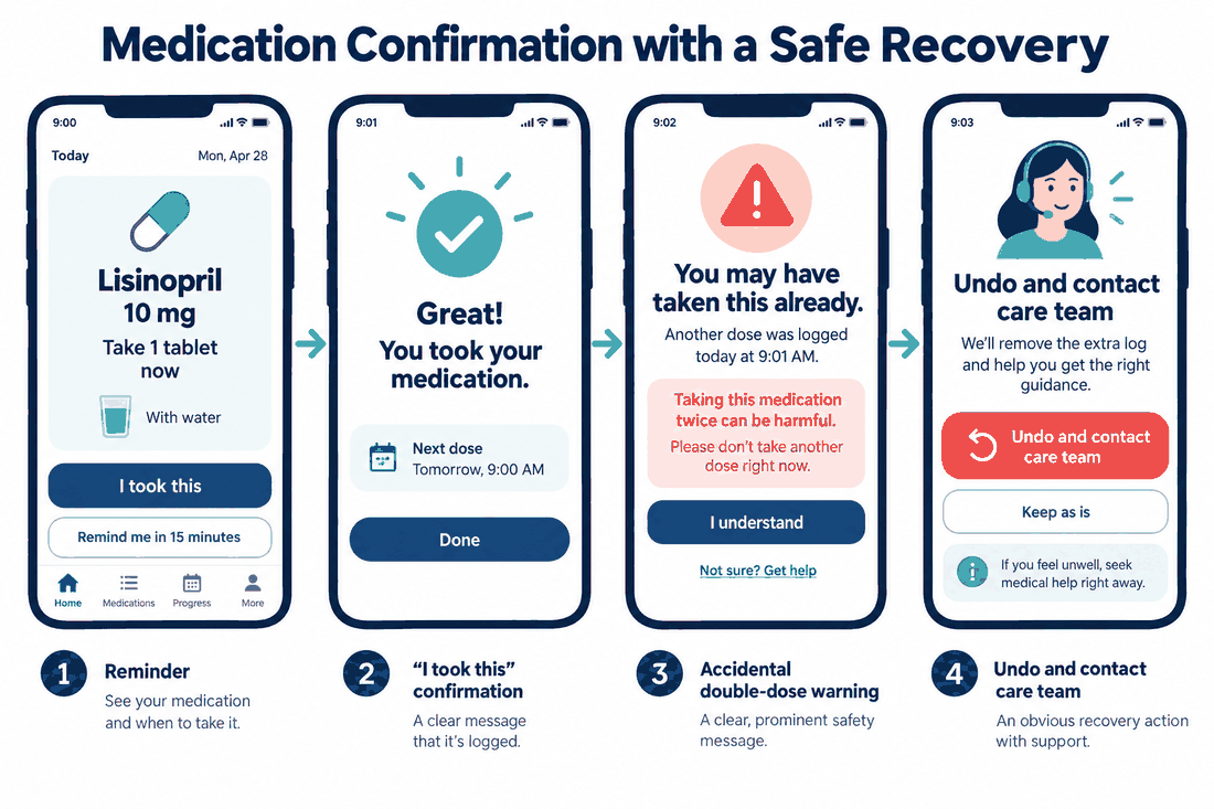 Medication flow showing a reminder, dose confirmation, accidental double-dose warning and an obvious recovery action.