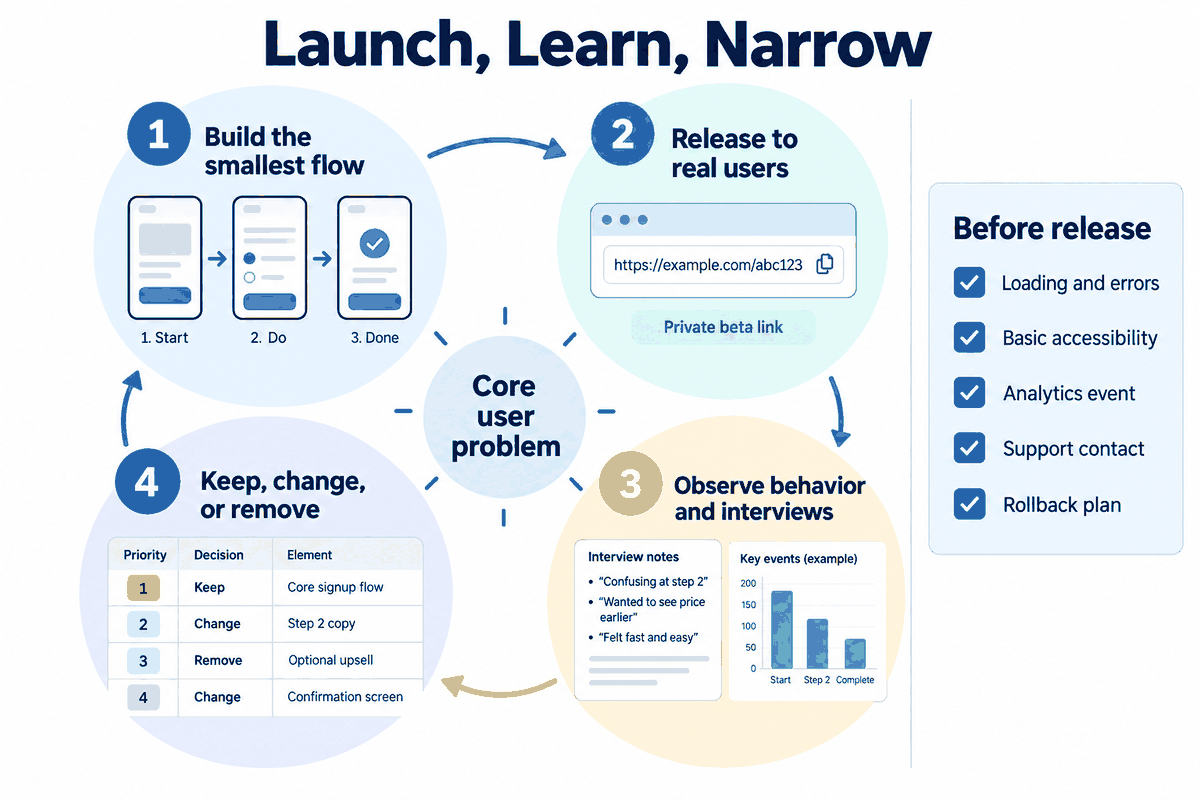 Four-step MVP learning loop showing the smallest user flow, private beta release, behavior and interview evidence, and keep, change, or remove decisions.