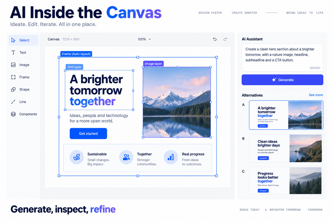 Editable design canvas with an AI prompt, separate text and image layers, an auto-layout frame and multiple reviewable alternatives.