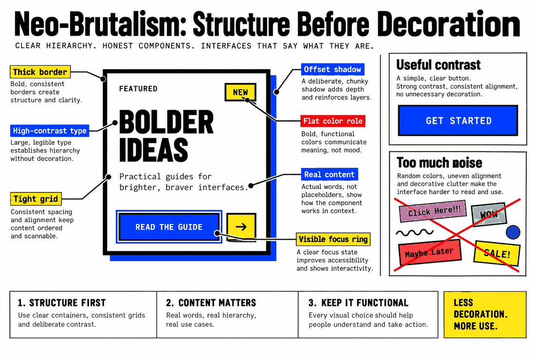 Neo-brutalism teaching board labeling thick borders, offset shadows, high-contrast type, tight grid, flat color roles, visible focus ring and real content.