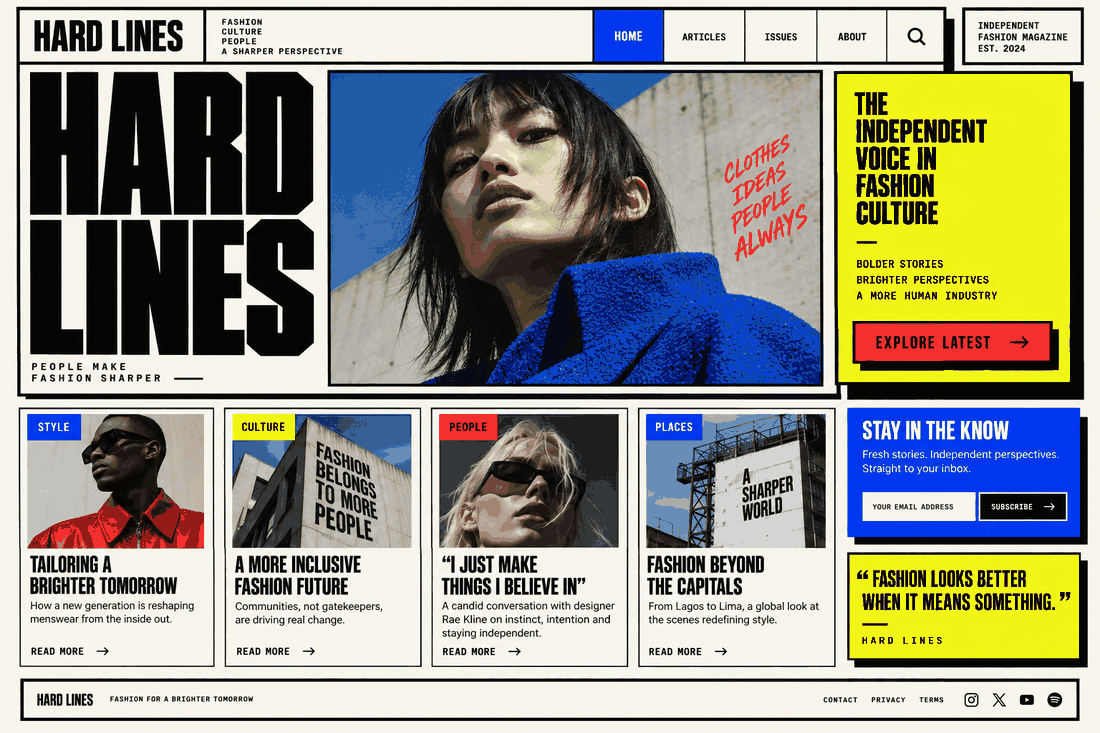 Neo-brutalist editorial landing page with thick black borders, offset shadows, flat cobalt, yellow and red color blocks, strong type, article cards and a newsletter form.