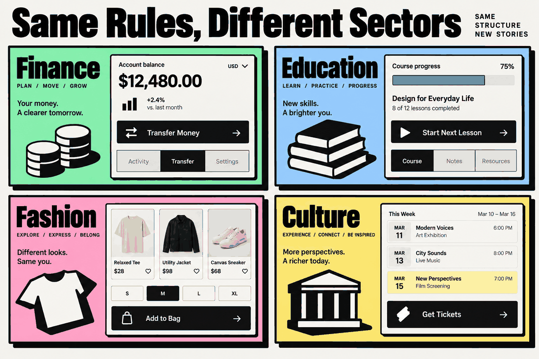 Four neo-brutalist sector examples for finance, education, fashion and culture, each adapting the same border, shadow and color rules to different content priorities.