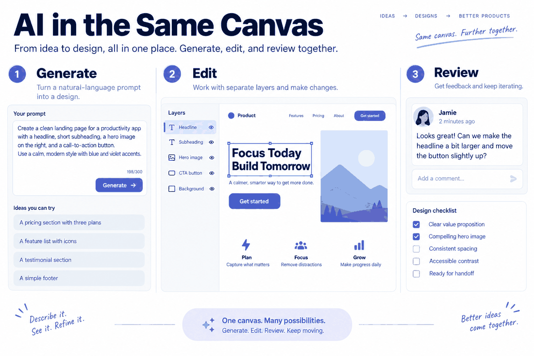 Editable design workspace showing a natural-language request, generated wireframe, separate layers, a smart layout change and a review comment.