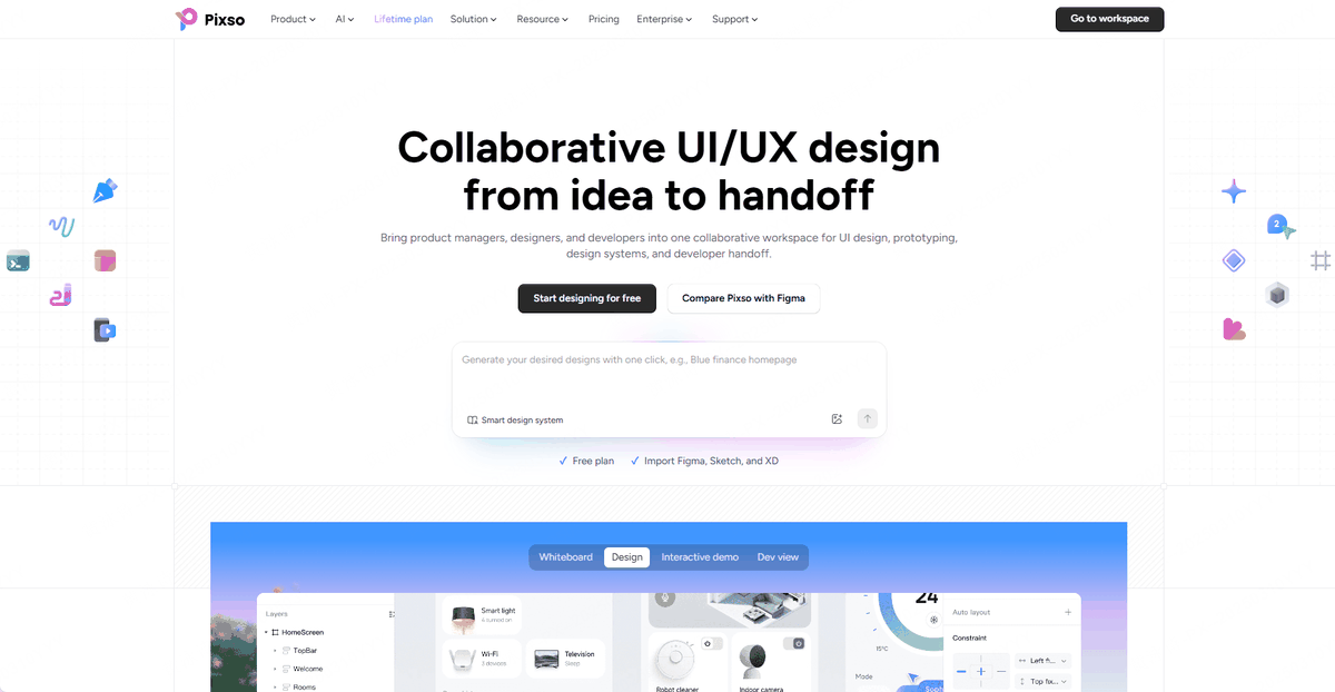 Pixso website homepage showing collaborative product design positioning, an AI design prompt entry, and links for importing Figma, Sketch, and XD files.