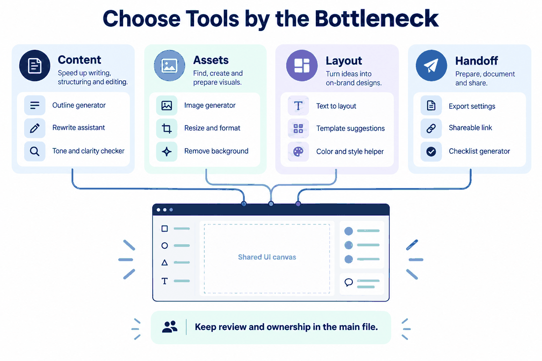 Plugin workflow map matching content, asset, layout and handoff bottlenecks to focused helper tools on one shared UI canvas.
