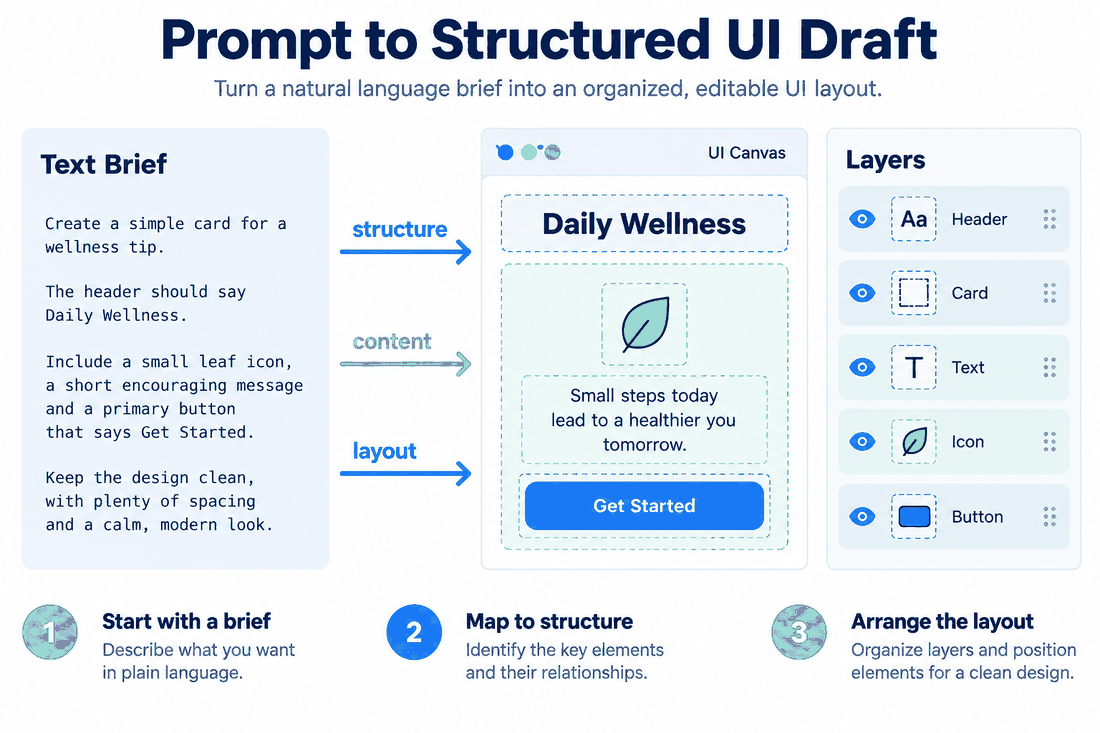 Prompt-to-UI diagram showing a text brief becoming an editable interface with separate header, card, text, icon and button layers.