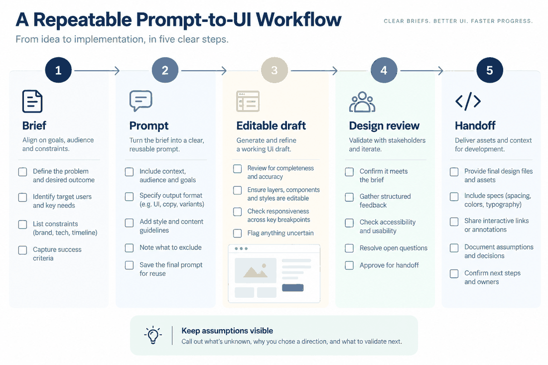 Prompt to UI workflow checklist showing brief, prompt, editable draft, design review and handoff-ready wireframe steps.