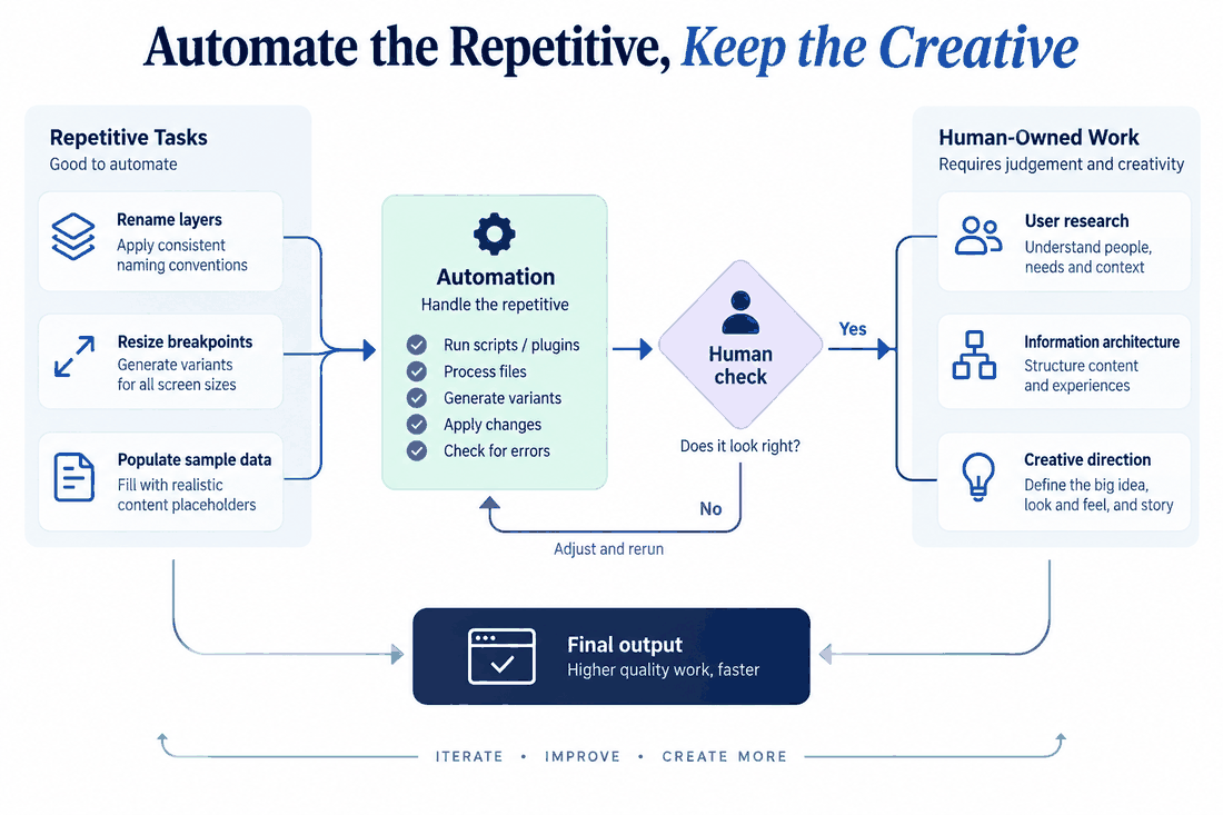 Smart design workflow separating repetitive tasks such as layer naming and breakpoint resizing from human-owned research, architecture and creative direction.