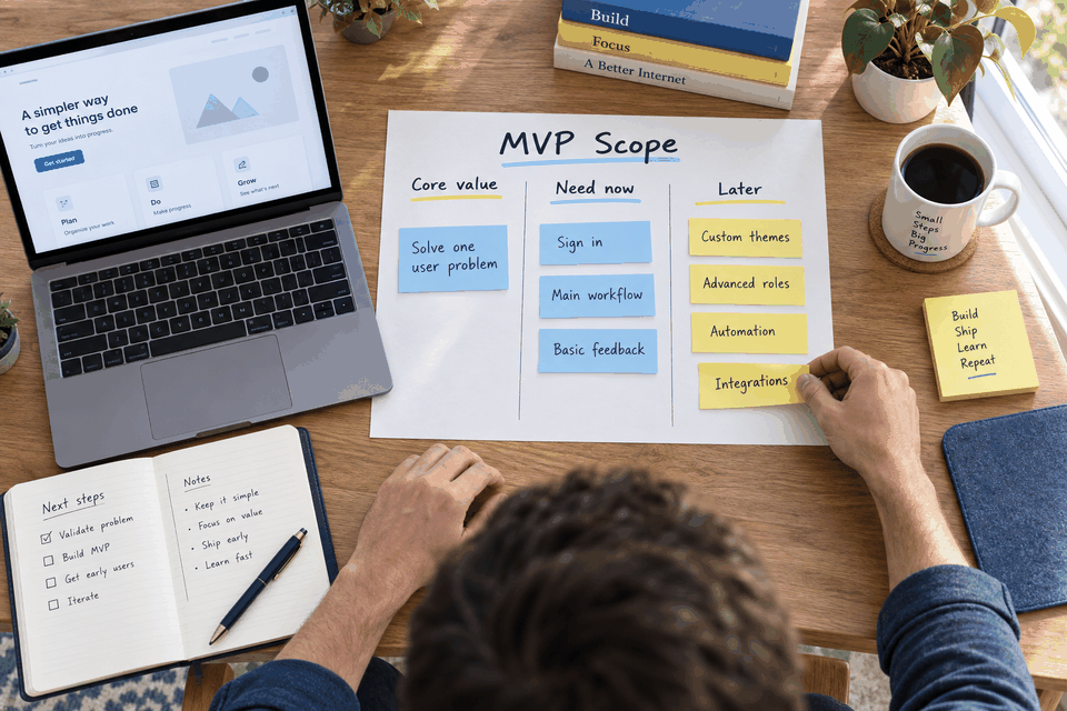 Independent developer sorting an MVP scope board into core value, need now, and later columns beside a laptop and validation notes.